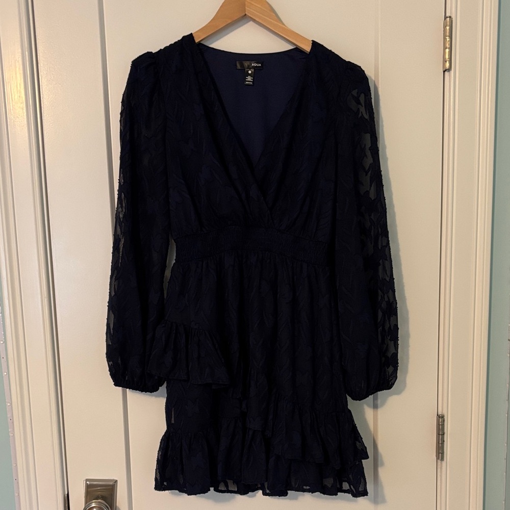 Aqua Navy Long-Sleeve V-Neck Ruffle Dress, Size S
